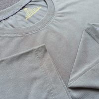 Chi tiết đường may và cổ áo bo ríp áo thun cổ tròn ngắn tay supe unisex xám lợt