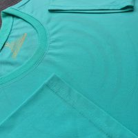 Chi tiết đường may và cổ áo bo ríp áo thun cổ tròn ngắn tay supe unisex xanh ngọc