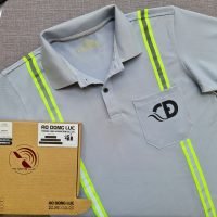 Đồng phục áo thun polo màu xám lam may phối dây quảng quang in kỹ thuật số