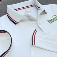 Đồng phục áo thun polo bo sọc màu trắng in chuyển nhiệt logo