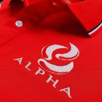 Đồng phục áo thun polo bo sọc màu đỏ thêu logo