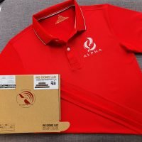Đồng phục áo thun polo bo sọc màu đỏ tươi thêu logo
