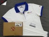 Đồng phục áo thun polo màu trắng phối xanh bích in chuyển nhiệt logo