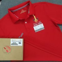 Đồng phục áo thun polo bo trơn màu đỏ in decal phản quang kết hợp