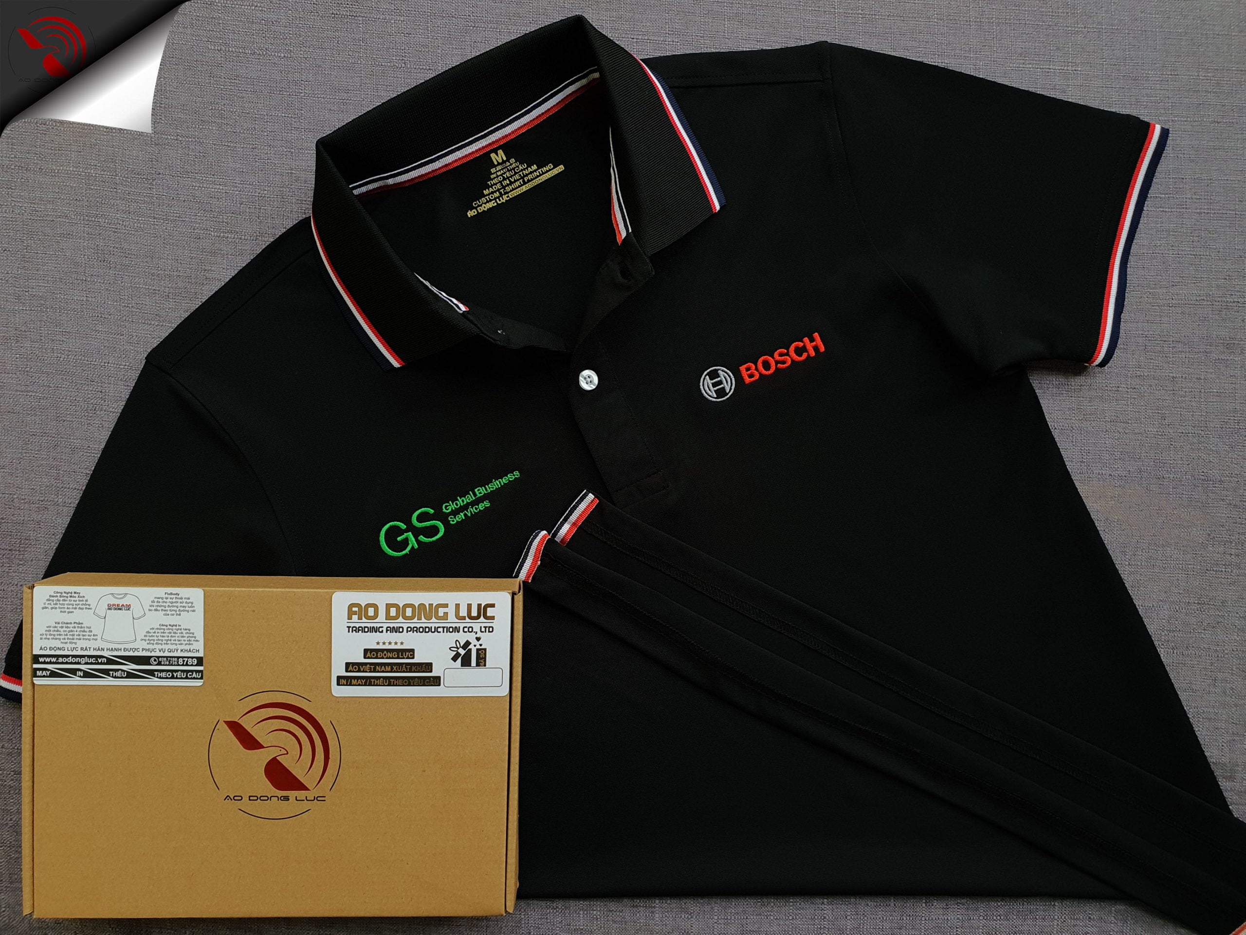 Đồng phục áo thun polo bo sọc màu đen thêu logo