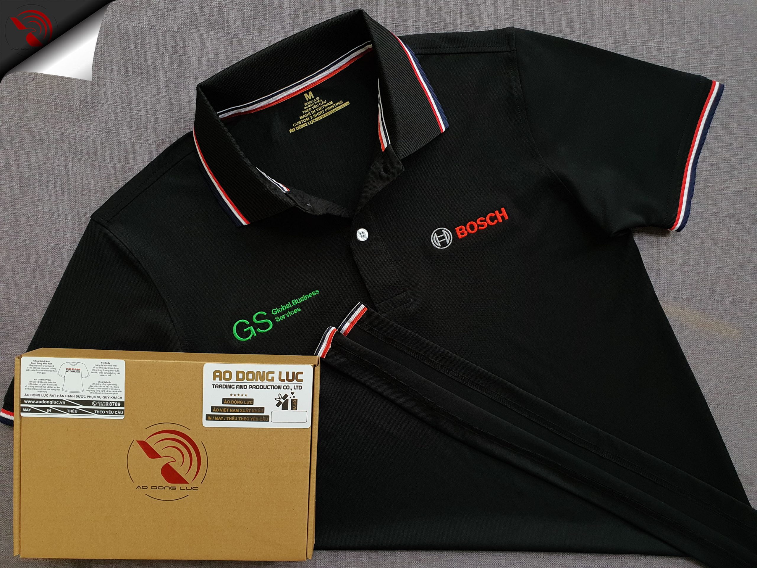 Đồng phục áo thun polo bo sọc màu đen thêu logo