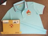 Đồng phục áo thun polo bo sọc màu thiên thanh in decal logo