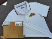 Đồng phục áo thun polo bo sọc màu trắng in chuyển nhiệt logo