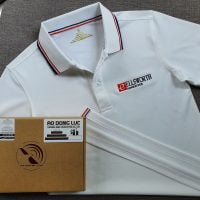 Đồng phục áo thun polo bo sọc màu trắng thêu logo