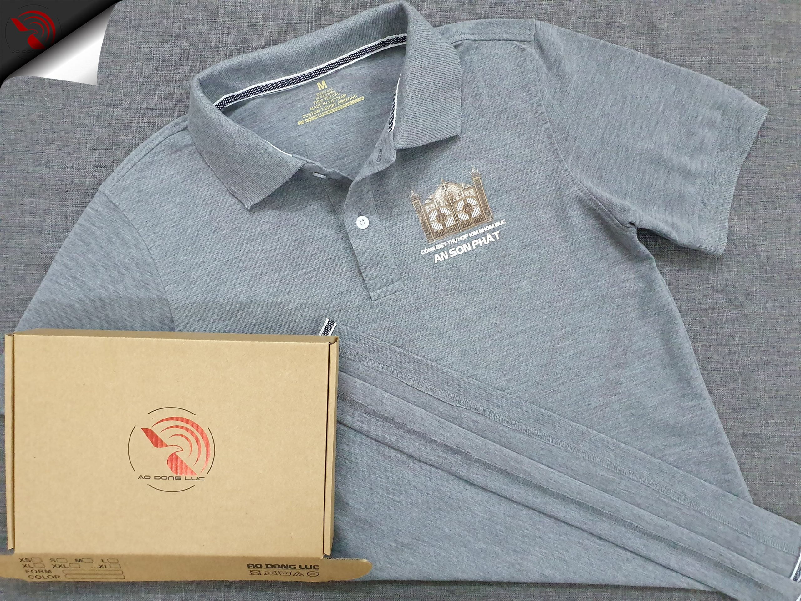 Đồng phục áo thun polo bo trơn xám đậm in kỹ thuật số