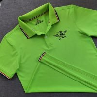 Đồng phục áo thun polo bo sọc xanh chuối in logo
