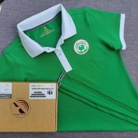Đồng phục áo thun polo xanh két phối trắng in lụa logo