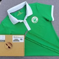 Đồng phục áo thun polo xanh két phối trắng in lụa logo