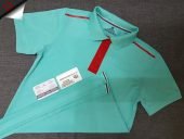 Đồng phục áo thun polo màu xanh ngọc phối trụ cổ màu đỏ