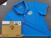 Đồng phục áo thun polo bo sọc màu xanh ya in decal logo