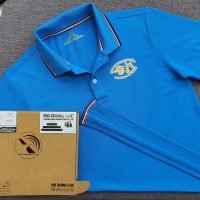 Đồng phục áo thun polo bo sọc màu xanh ya in decal logo