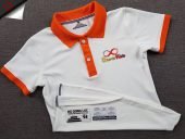 Đồng phục áo thun polo màu trắng phối bo tay bo cổ trụ cổ màu cam in chuyển nhiệt