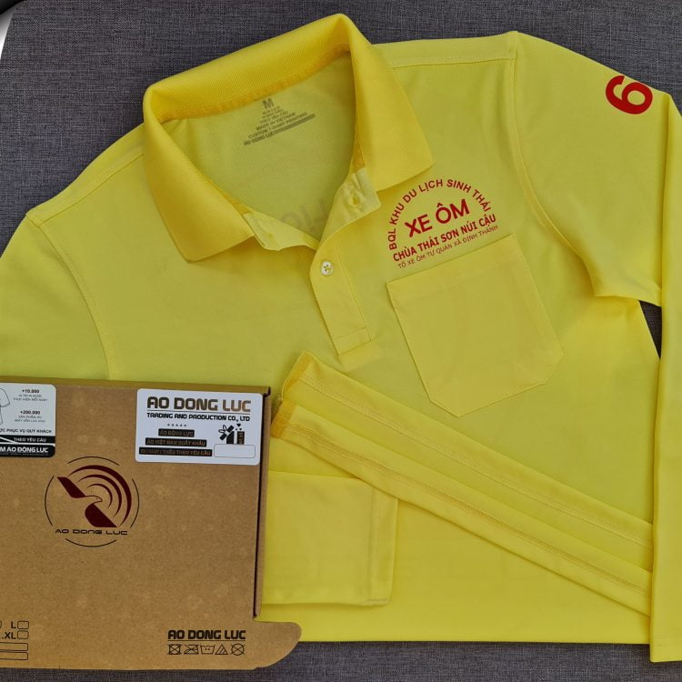 Đồng phục áo thun polo bo trơn màu vàng dài tay in kỹ thuật số