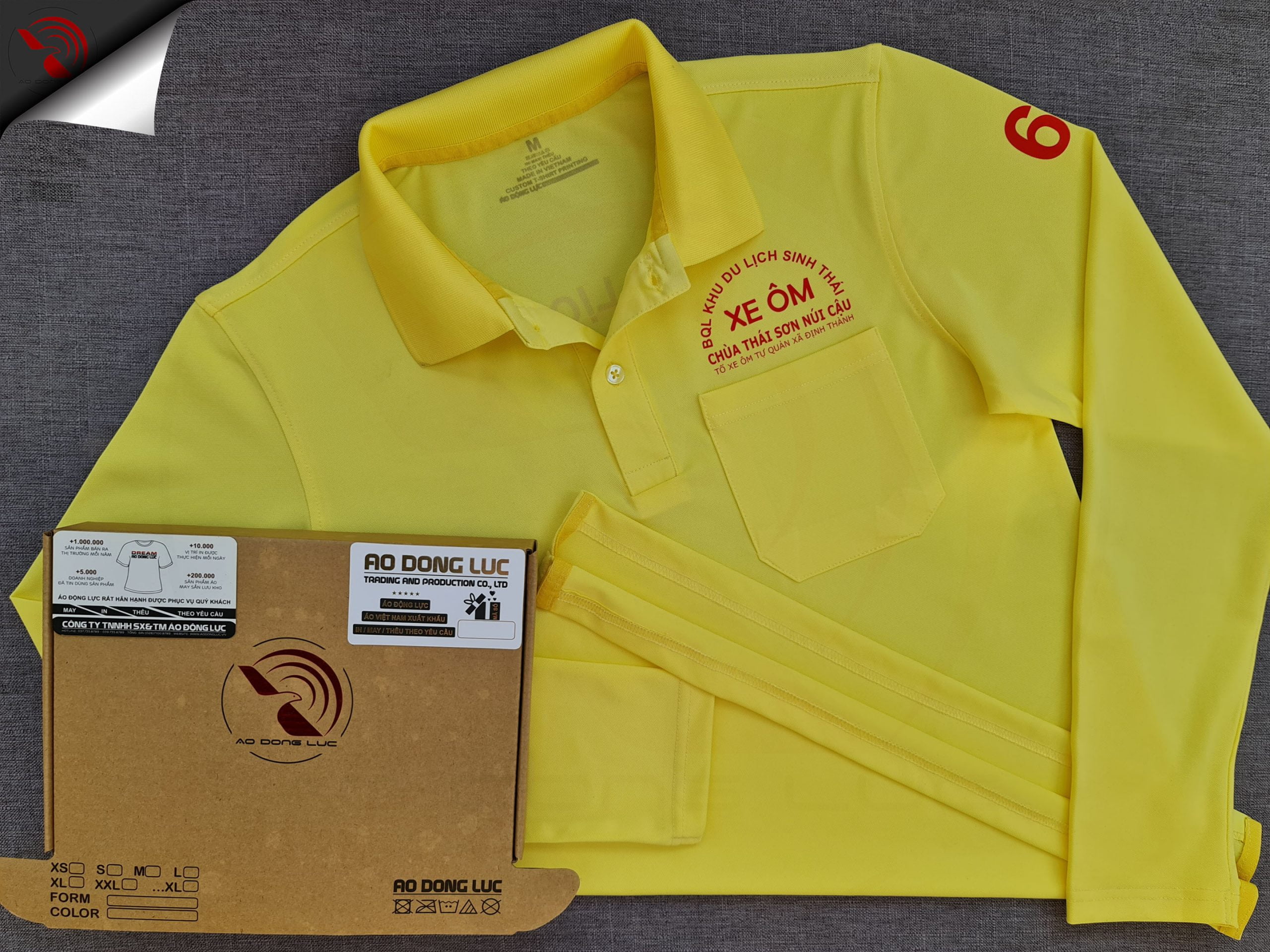 Đồng phục áo thun polo bo trơn màu vàng dài tay in kỹ thuật số