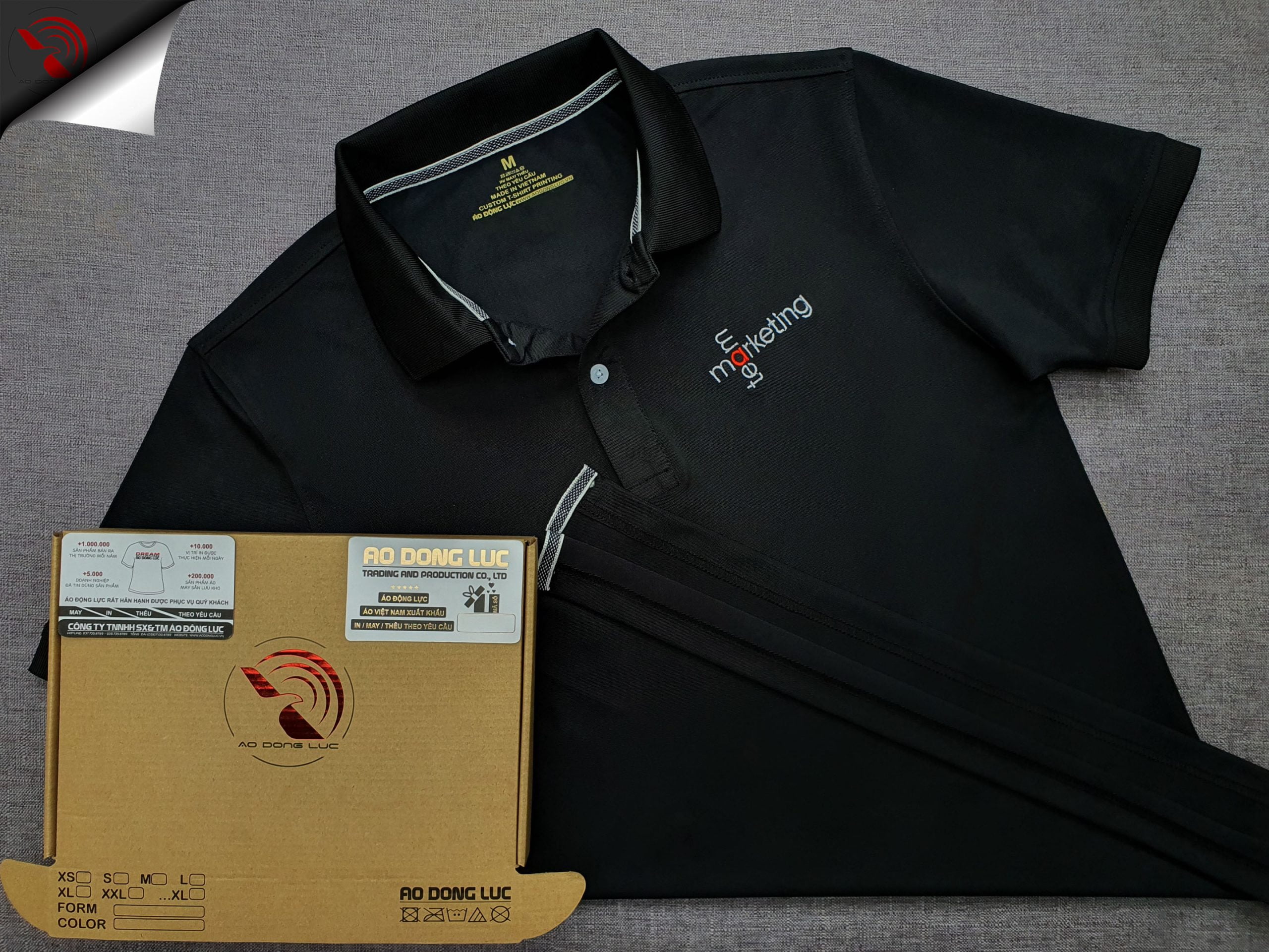 Đồng phục áo thun polo bo trơn màu đen thêu logo