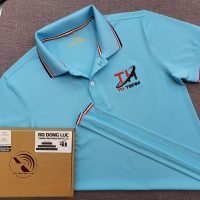 Đồng phục áo thun polo bo sọc màu xanh thiên thanh thêu logo