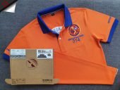Đồng phục áo thun polo màu cam phối bo tay bo cổ trụ trong xanh bích thêu logo