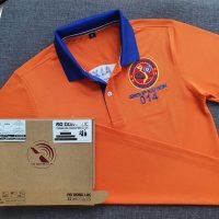 Đồng phục áo thun polo màu cam phối bo tay bo cổ trụ trong xanh bích thêu logo