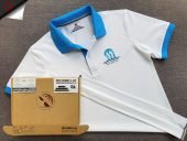 Đồng phục áo thun polo trắng phối bo tay bo cổ trụ trong xanh ya in chuyển nhiệt logo