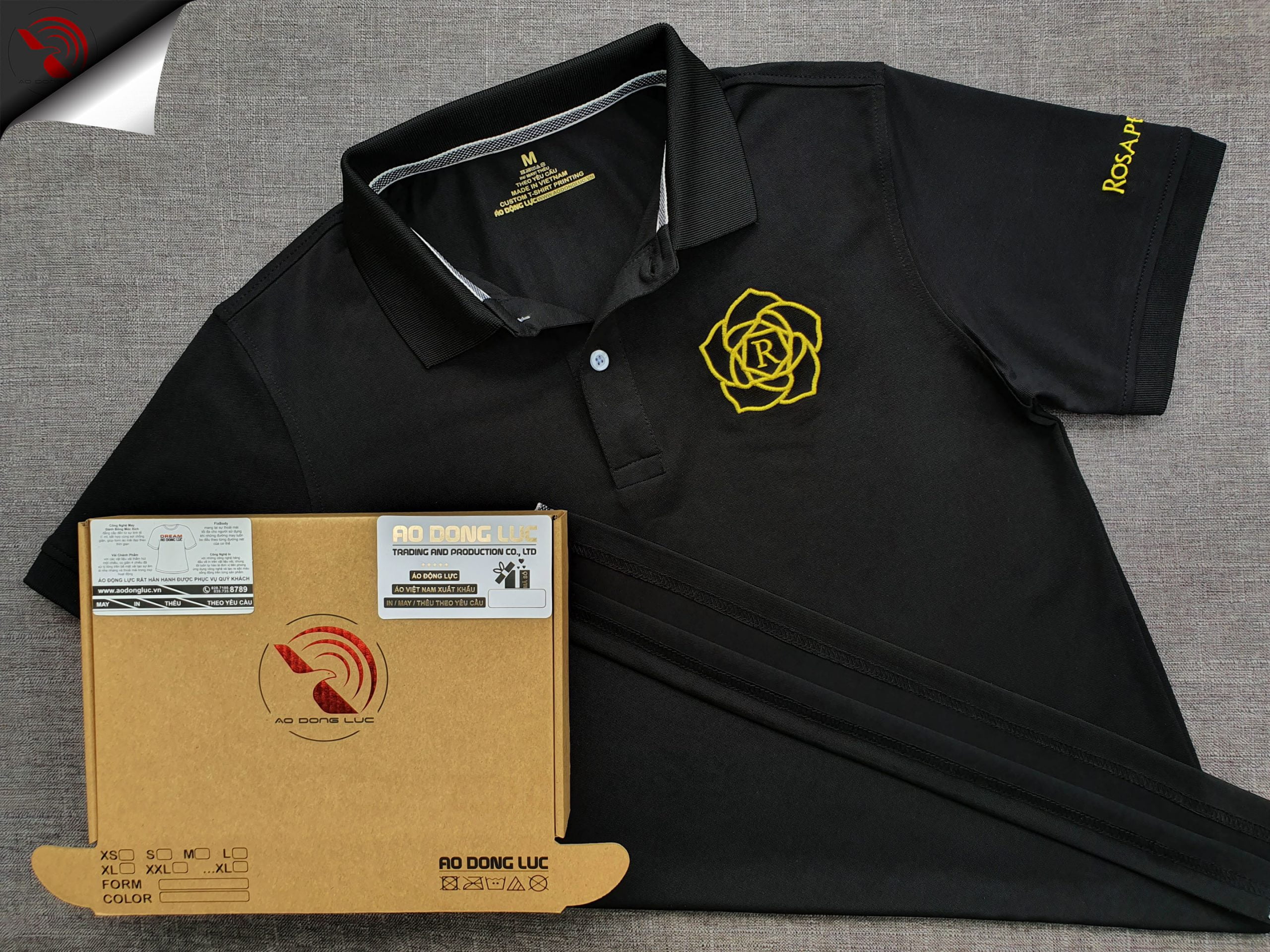 Đồng phục áo thun polo bo trơn màu đen thêu logo