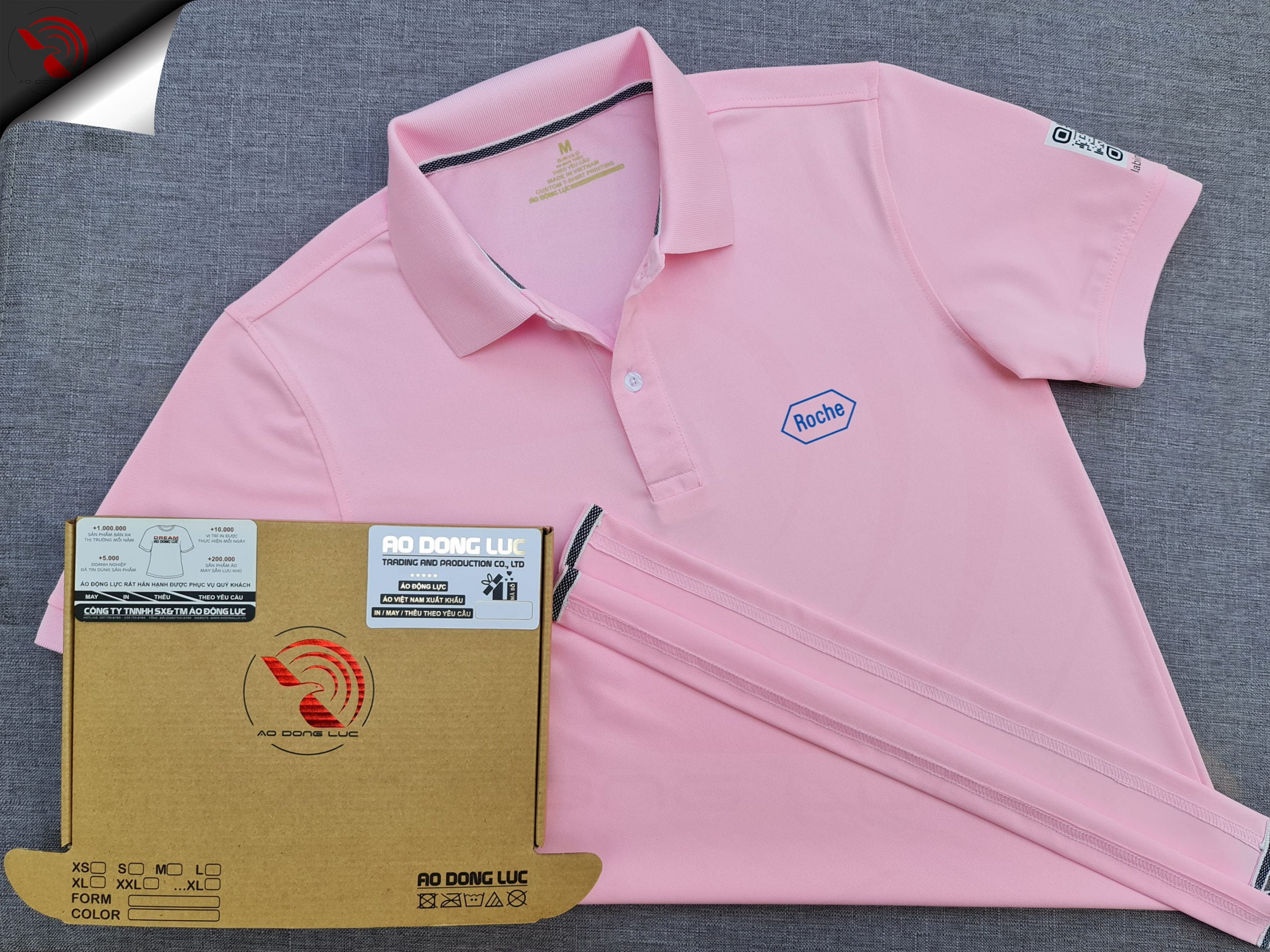 Đồng phục áo thun polo bo trơn hồng phấn in kỹ thuật số