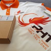 Đồng phục áo thun polo trắng phối cam in chuyển nhiệt