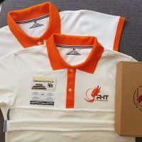 Đồng phục áo thun polo trắng phối cam in chuyển nhiệt