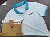 Đồng phục áo thun polo màu trắng phối xanh thiên thanh in chuyển nhiệt