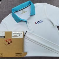 Đồng phục áo thun polo màu trắng phối xanh thiên thanh in chuyển nhiệt