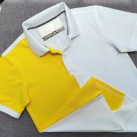 Đồng phục áo thun polo may phối thân vải trắng vàng