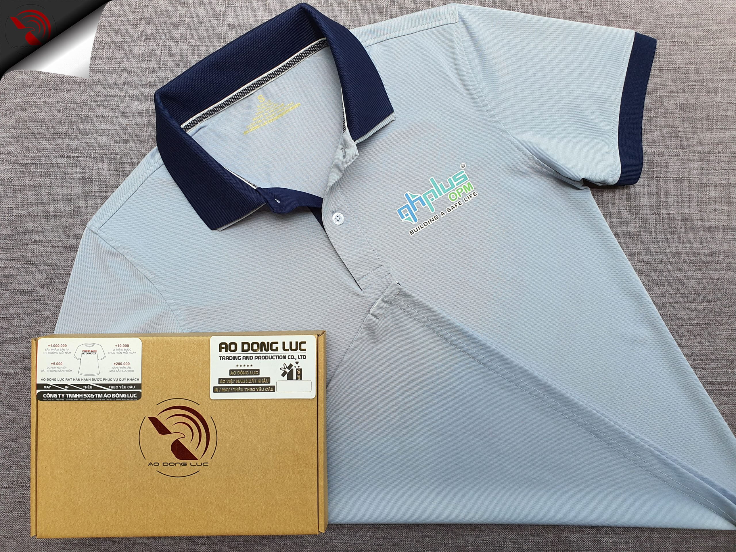 Đồng phục áo thun polo xám lam phối 2 màu cổ in decal logo